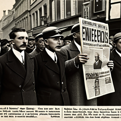 **

A newspaper stand in early 20th century Europe, headlines blaring nationalist slogans and distorted depictions of neighboring countries as "eternal enemies." People are crowded around, reading with expressions of intense patriotism and fervor. Emphasize a sense of propaganda and manipulated public opinion.

**