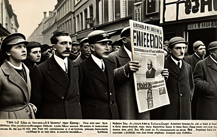**
A newspaper stand in early 20th century Europe, headlines blaring nationalist slogans and distorted depictions of neighboring countries as "eternal enemies." People are crowded around, reading with expressions of intense patriotism and fervor. Emphasize a sense of propaganda and manipulated public opinion.
**