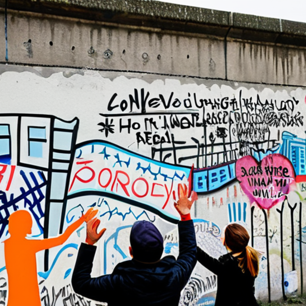 **A section of the Berlin Wall covered in graffiti, with people celebrating nearby, hands raised in the air, expressions of joy, safe for work, appropriate content, fully clothed, professional, perfect anatomy, natural proportions, daylight.** (Focus on the fall of the wall)