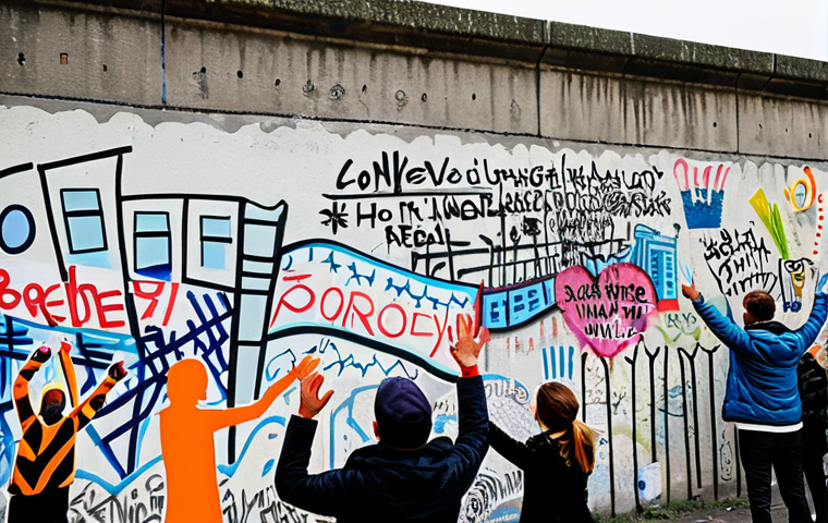 **A section of the Berlin Wall covered in graffiti, with people celebrating nearby, hands raised in the air, expressions of joy, safe for work, appropriate content, fully clothed, professional, perfect anatomy, natural proportions, daylight.** (Focus on the fall of the wall)
