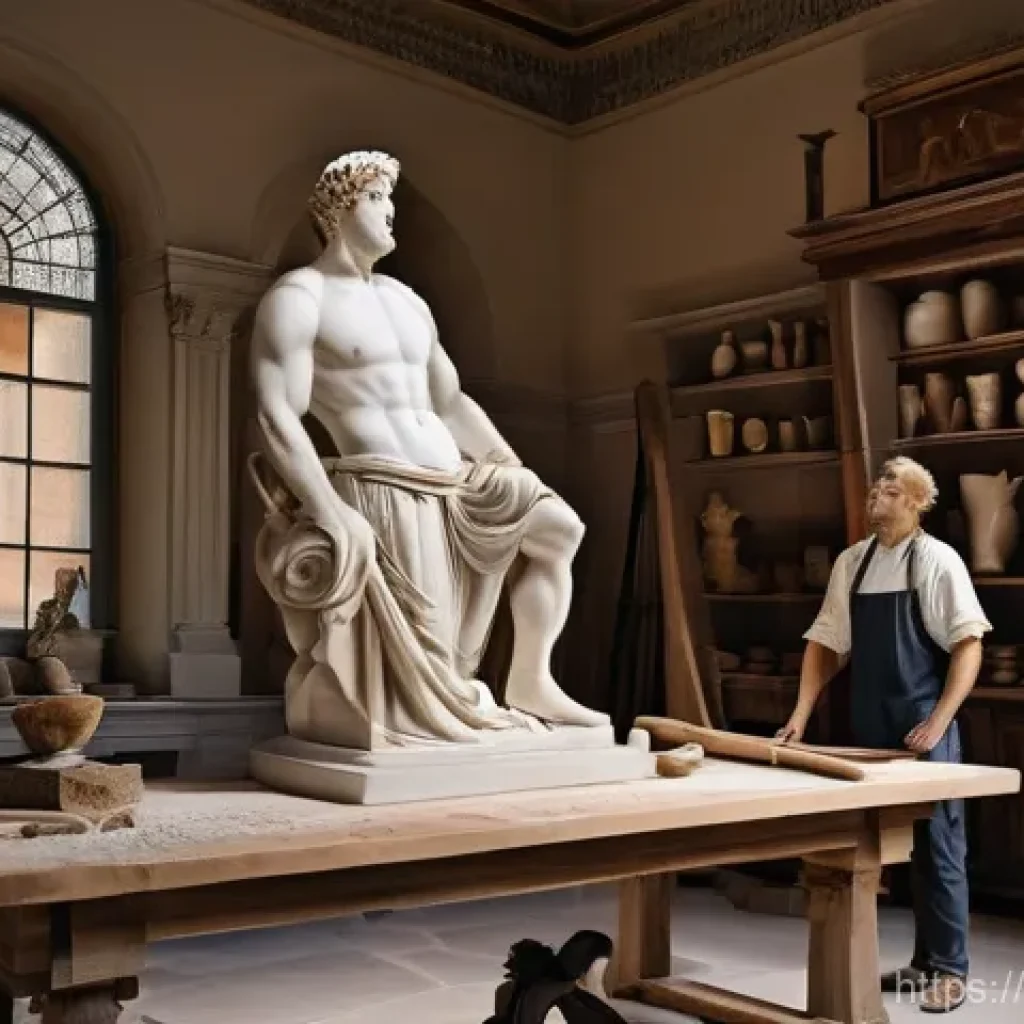 르네상스와 종교개혁 - **Prompt:** A masterful sculptor, akin to Michelangelo, stands proudly beside a nearly finished marb...