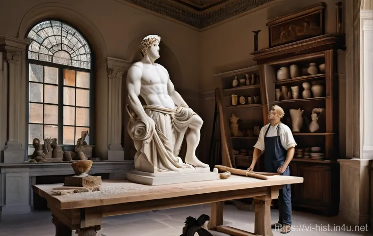 르네상스와 종교개혁 - **Prompt:** A masterful sculptor, akin to Michelangelo, stands proudly beside a nearly finished marb...