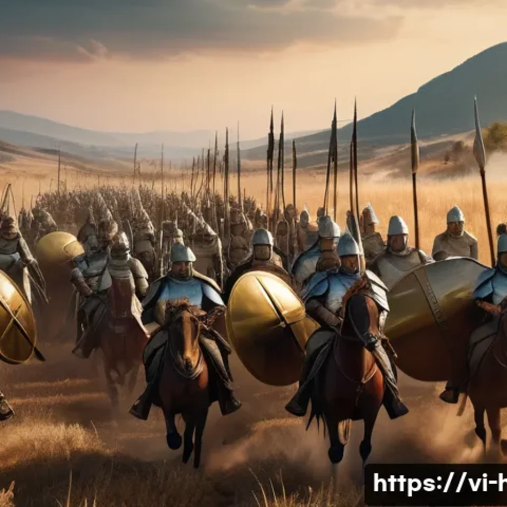 마케도니아 왕국과 알렉산드로스 대왕 - A detailed, historically accurate battlefield scene depicting the Macedonian army under a young king...