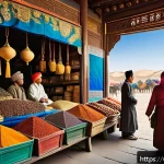 Home 19 실크로드와 동서 문명 교류 - A vibrant ancient Silk Road marketplace scene featuring diverse merchants and travelers from Central...