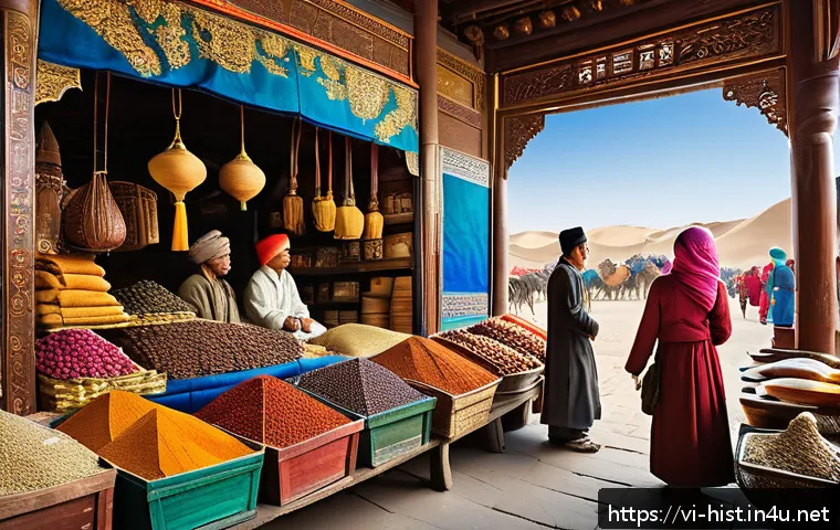 실크로드와 동서 문명 교류 - A vibrant ancient Silk Road marketplace scene featuring diverse merchants and travelers from Central...