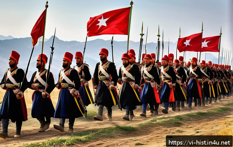 오스만 제국의 역사 - A detailed and vibrant scene of an Ottoman Janissary battalion in formation during a historic battle...