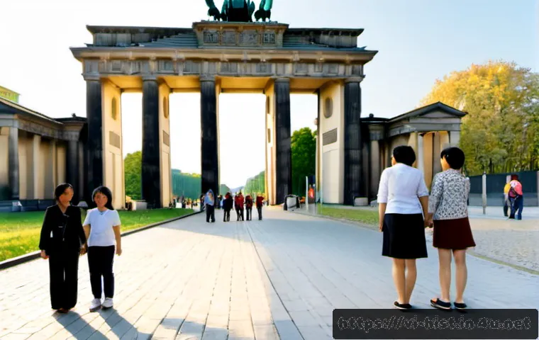 Home 17 독일 통일과 비교한 한반도 통일 전망 - Photorealistic split-scene comparison: on the left, joyful German families reunited beside a restore...